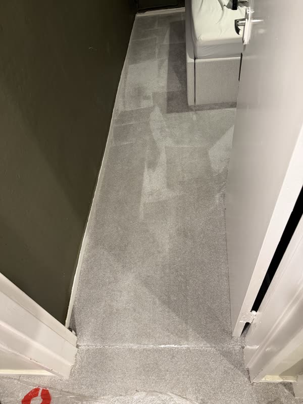 After: the same hallway carpet clean and even grey with the purple dye removed
